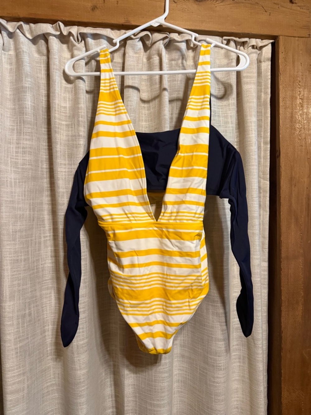 aerie Yellow and White Striped One-Piece Swimsuit with Navy Backing